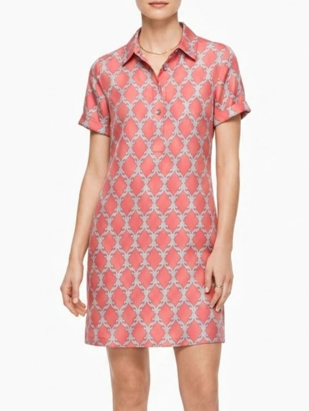 Kate Spade Coral/Blue Geometric Print Silk Shirt Dress Size 2 Short Sleeve